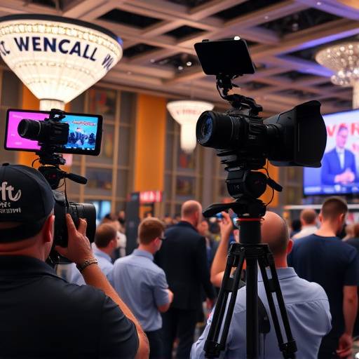 Imagen de un evento corporativo grabado y transmitido en vivo desde Voz Imagen Studios, con mültiples cámaras y personal técnico.