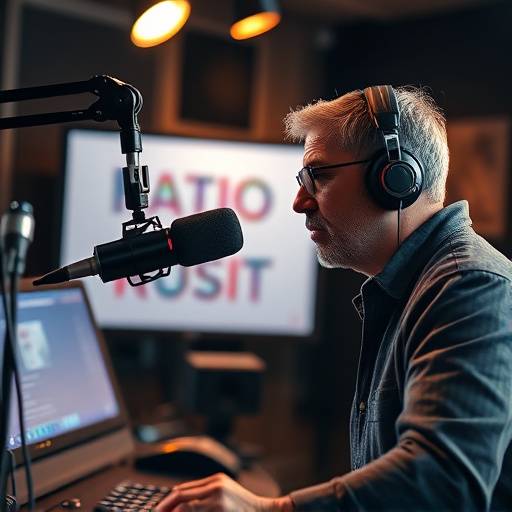 Imagen de un locutor grabando un comercial de radio para una emisora local, mostrando el micrófono y la cabina de grabación.